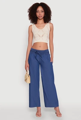 Womens Chambray Tie Waist Belted Pants, Blue,