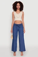 Womens Chambray Tie Waist Belted Pants, Blue,