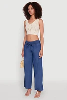Womens Chambray Tie Waist Belted Pants, Blue,