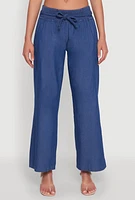 Womens Chambray Tie Waist Belted Pants, Blue,