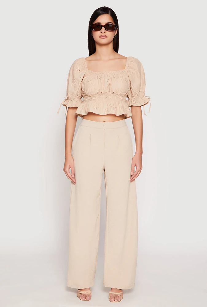 Womens Airy Crepe Knit Wide Leg Dress Pants, Khaki, Size S