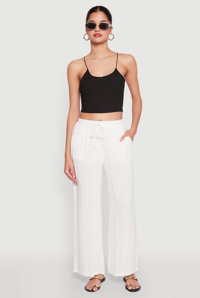 Womens Linen Palazzo Pants, White, Size S