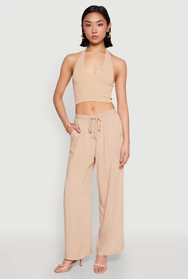 Womens Linen Palazzo Pants, Khaki,