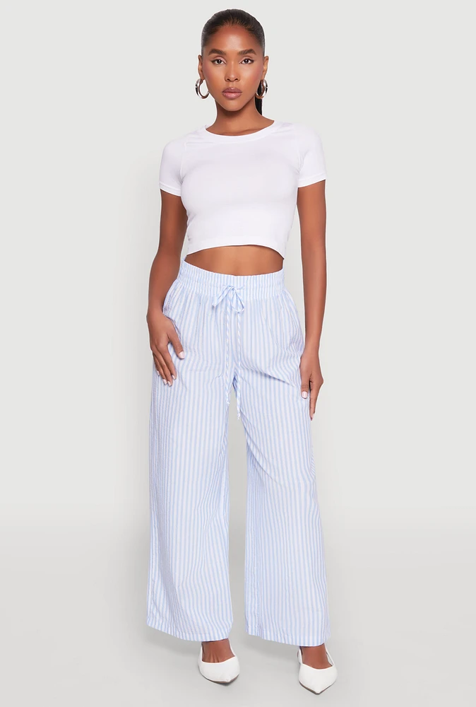 Womens Striped Drawstring Wide Leg Pants,