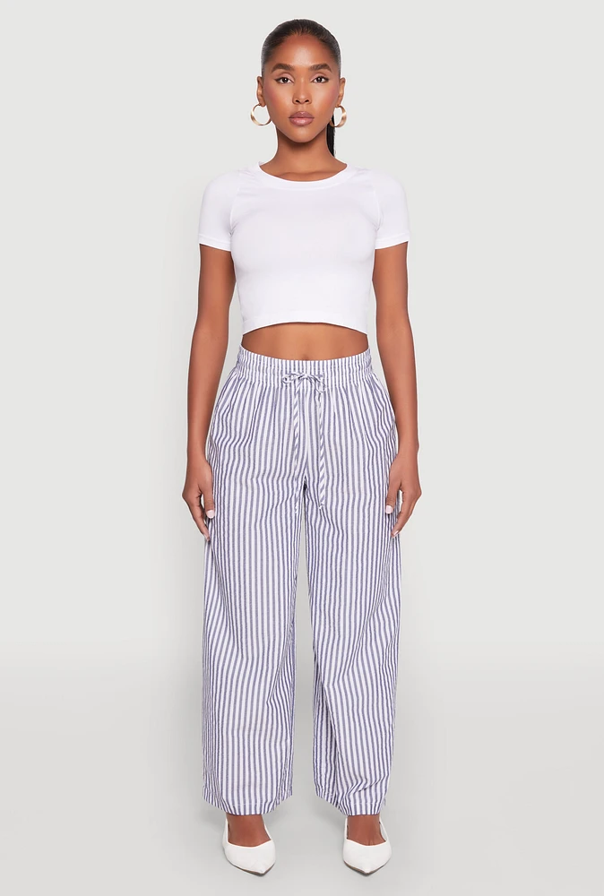 Womens Striped Drawstring Wide Leg Pants, S