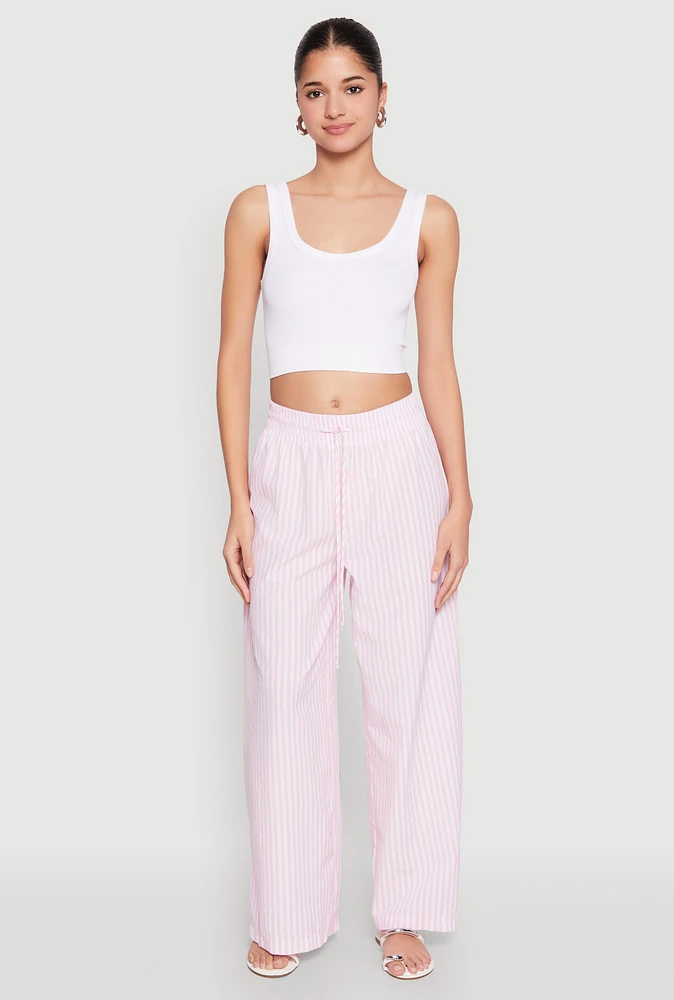 Womens Striped Drawstring Wide Leg Pants, Pink, Size M