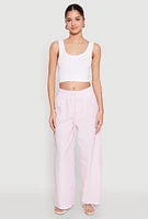 Womens Striped Drawstring Wide Leg Pants, Pink, Size M