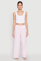 Womens Striped Drawstring Wide Leg Pants, Pink, Size M