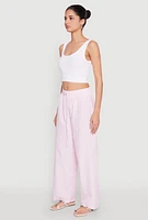 Womens Striped Drawstring Wide Leg Pants, Pink, Size M