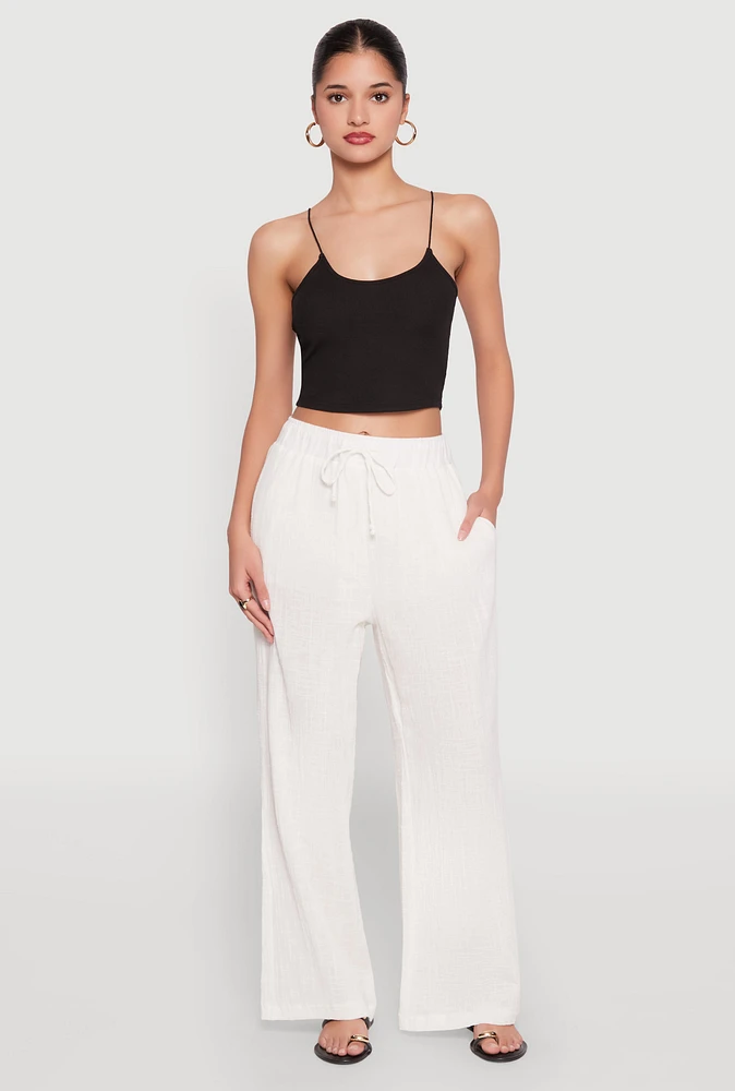 Womens Gauze Knit Wide Leg Pants, White, Size M