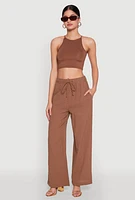 Womens Gauze Knit Wide Leg Pants, Brown, Size L