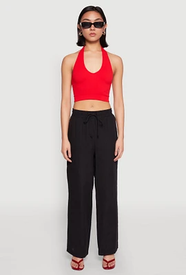 Womens Gauze Knit Drawstring Wide Leg Pants, L