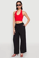 Womens Gauze Knit Drawstring Wide Leg Pants, L