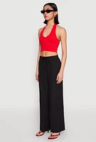 Womens Gauze Knit Drawstring Wide Leg Pants, Black,