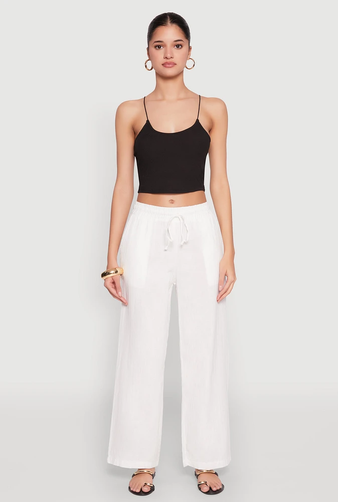 Womens Gauze Knit Drawstring Wide Leg Pants, White, Size L