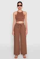Womens Gauze Knit Drawstring Wide Leg Pants,