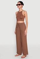 Womens Gauze Knit Drawstring Wide Leg Pants,
