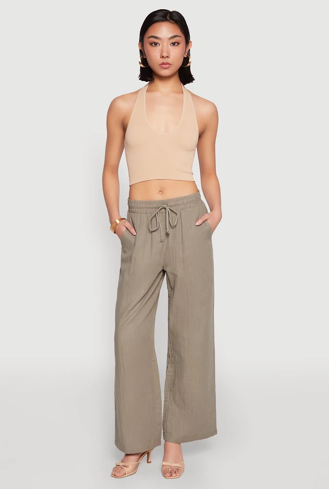 Womens Gauze Knit Drawstring Wide Leg Pants, Green, Size S