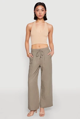 Womens Gauze Knit Drawstring Wide Leg Pants, Green, Size S