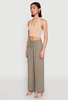 Womens Gauze Knit Drawstring Wide Leg Pants, Green, Size S