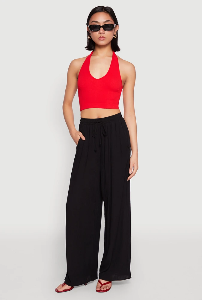 Womens Gauze Knit High Waisted Wide Leg Pants, Black, Size M