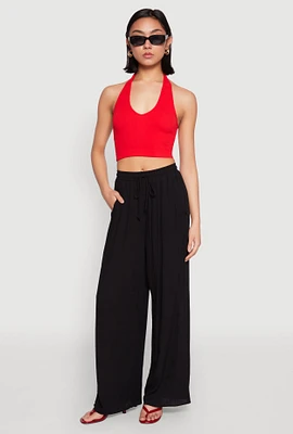 Womens Gauze Knit High Waisted Wide Leg Pants, Black, Size M