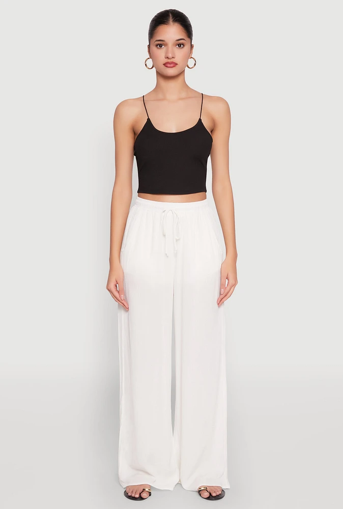 Womens Gauze Knit High Waisted Wide Leg Pants, White,