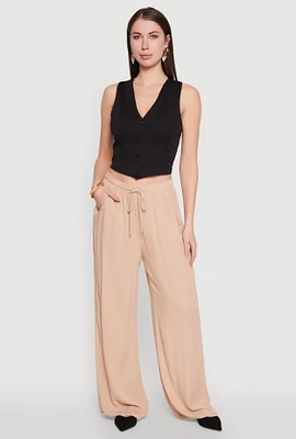 Womens Gauze Knit High Waisted Wide Leg Pants, Khaki,