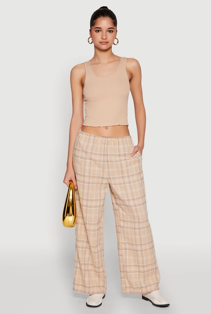 Womens Plaid Brushed Knit Wide Leg Dress Pants, Khaki, Size M