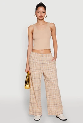 Womens Plaid Brushed Knit Wide Leg Dress Pants, Khaki, Size M