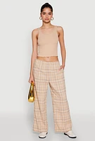 Womens Plaid Brushed Knit Wide Leg Dress Pants, Khaki, Size M