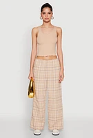 Womens Plaid Brushed Knit Wide Leg Dress Pants, Khaki, Size M