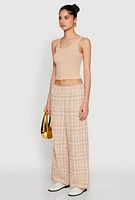 Womens Plaid Brushed Knit Wide Leg Dress Pants, Khaki, Size M