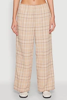 Womens Plaid Brushed Knit Wide Leg Dress Pants, Khaki, Size M