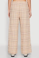 Womens Plaid Brushed Knit Wide Leg Dress Pants, Khaki, Size M