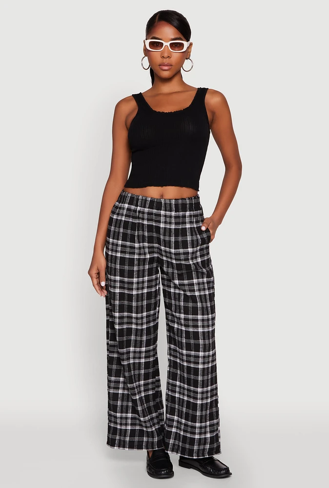 Womens Plaid Brushed Knit Wide Leg Dress Pants,