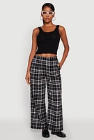 Womens Plaid Brushed Knit Wide Leg Dress Pants,