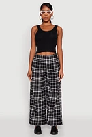 Womens Plaid Brushed Knit Wide Leg Dress Pants,