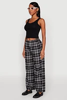 Womens Plaid Brushed Knit Wide Leg Dress Pants,