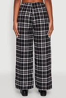 Womens Plaid Brushed Knit Wide Leg Dress Pants,