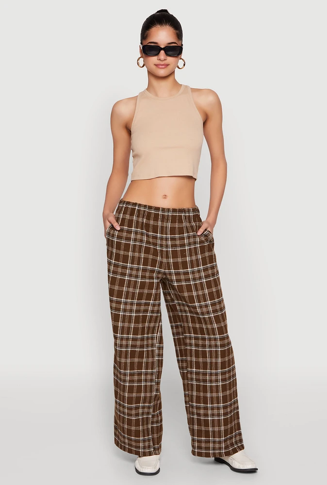 Womens Plaid Brushed Knit Wide Leg Dress Pants,