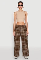Womens Plaid Brushed Knit Wide Leg Dress Pants,