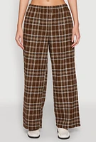 Womens Plaid Brushed Knit Wide Leg Dress Pants,
