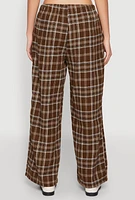 Womens Plaid Brushed Knit Wide Leg Dress Pants,