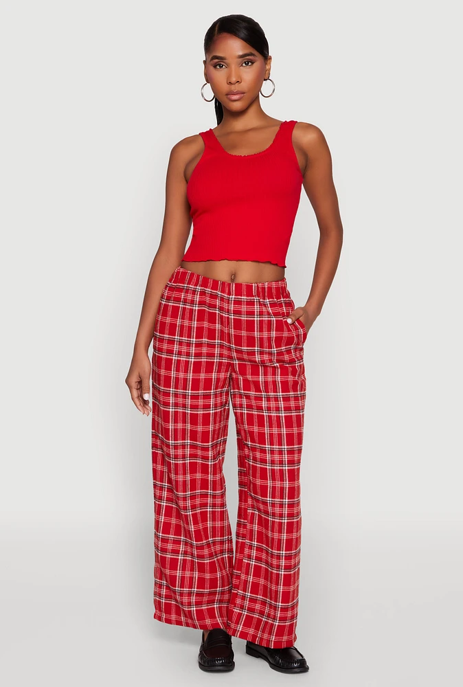 Womens Plaid Brushed Knit Wide Leg Dress Pants, Red,