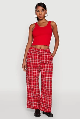 Womens Plaid Brushed Knit Wide Leg Dress Pants, Red,
