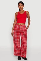 Womens Plaid Brushed Knit Wide Leg Dress Pants, Red,