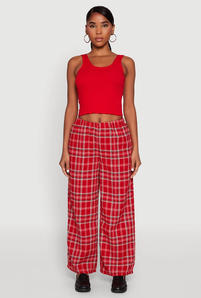 Womens Plaid Brushed Knit Wide Leg Dress Pants, Red,