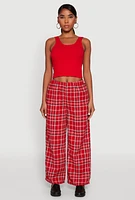Womens Plaid Brushed Knit Wide Leg Dress Pants, Red,