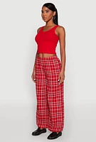 Womens Plaid Brushed Knit Wide Leg Dress Pants, Red,